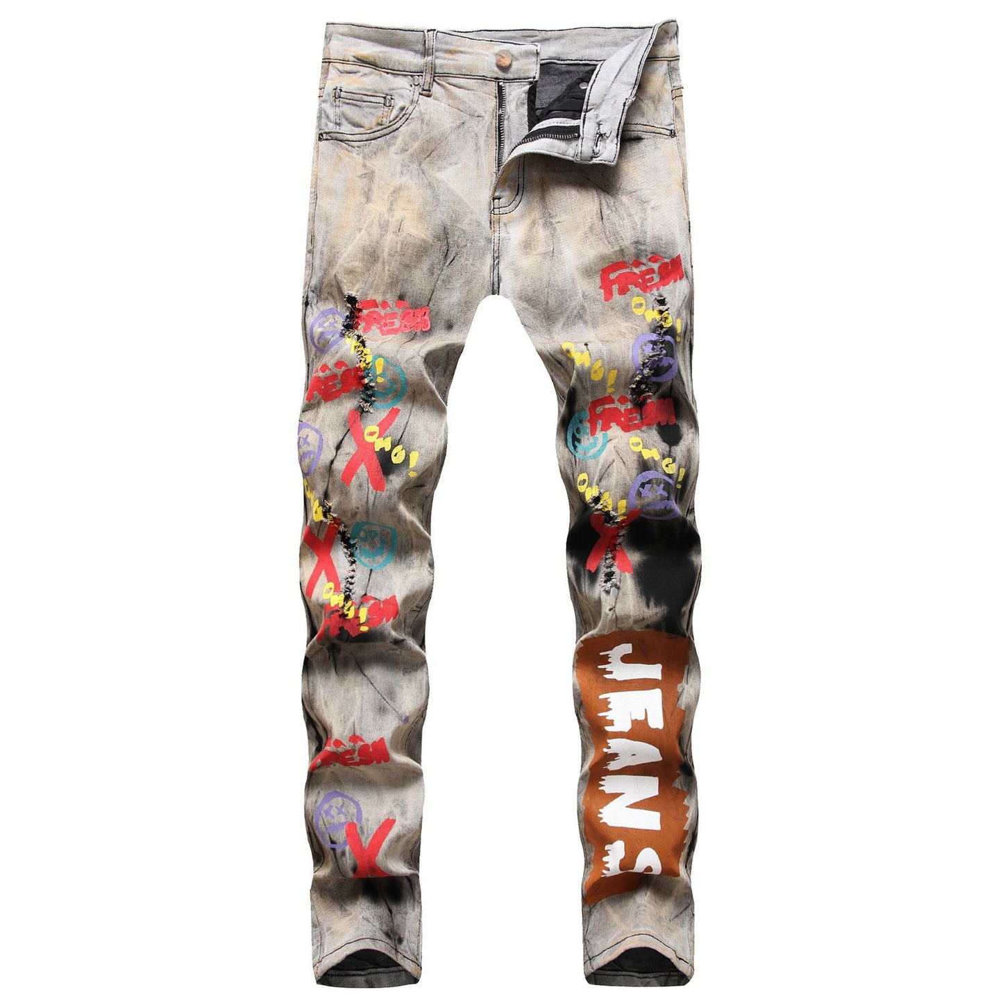 Men's Tie and Dye Letters 3D Printed Pants Fashion Holes Ripped Stretch Denim Pants Slim Straight