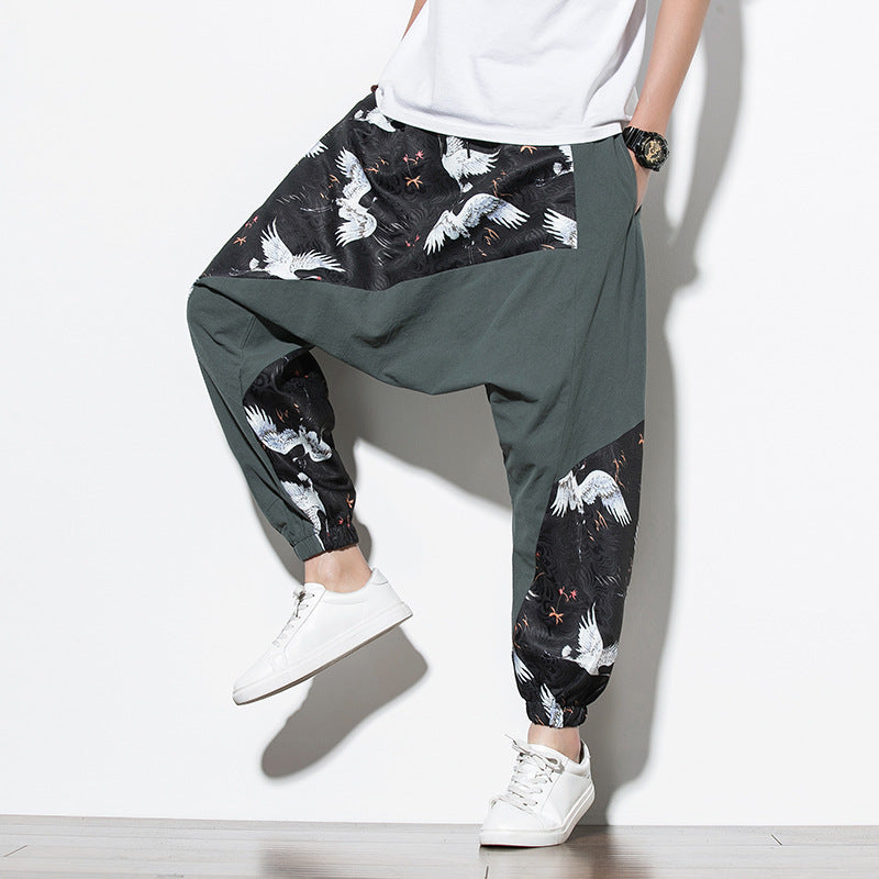 Chinese Style Crane Print Big Crotch Cotton and Linen Casual Joggers