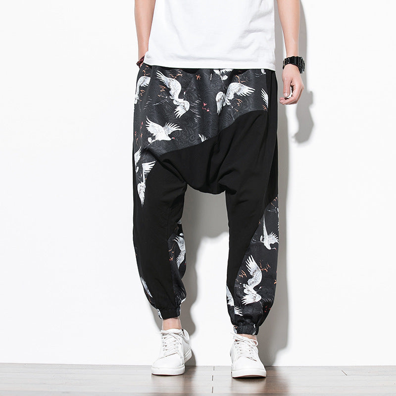 Chinese Style Crane Print Big Crotch Cotton and Linen Casual Joggers