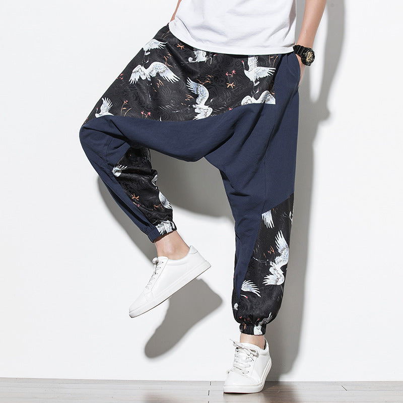 Chinese Style Crane Print Big Crotch Cotton and Linen Casual Joggers