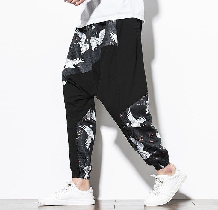 Chinese Style Crane Print Big Crotch Cotton and Linen Casual Joggers