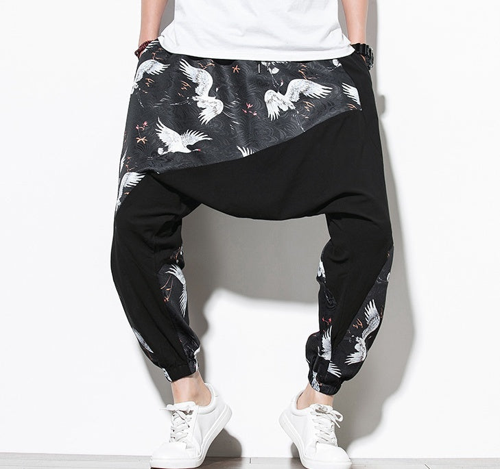 Chinese Style Crane Print Big Crotch Cotton and Linen Casual Joggers