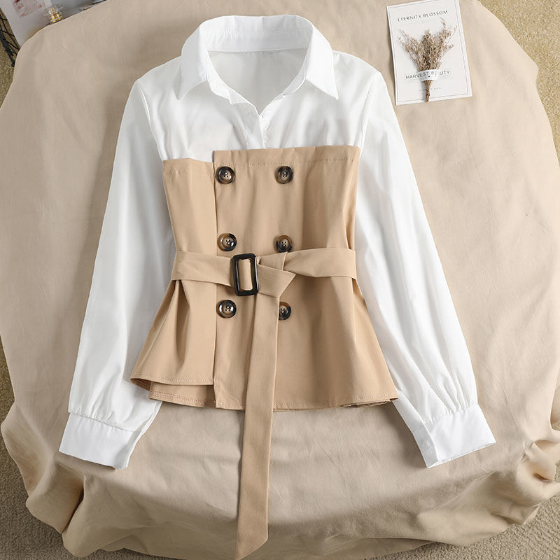 Women's Blouse Loose Spring Two-piece Blouse Stitching POLO Collar Western Style Bandage