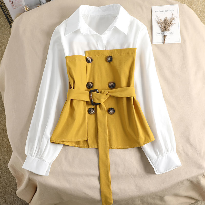 Women's Blouse Loose Spring Two-piece Blouse Stitching POLO Collar Western Style Bandage