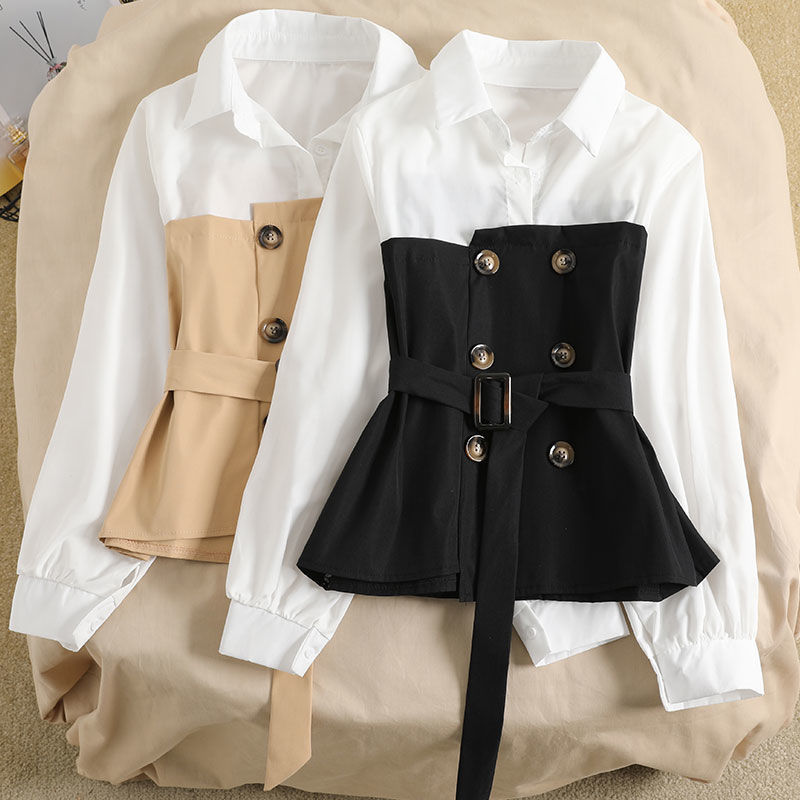 Women's Blouse Loose Spring Two-piece Blouse Stitching POLO Collar Western Style Bandage