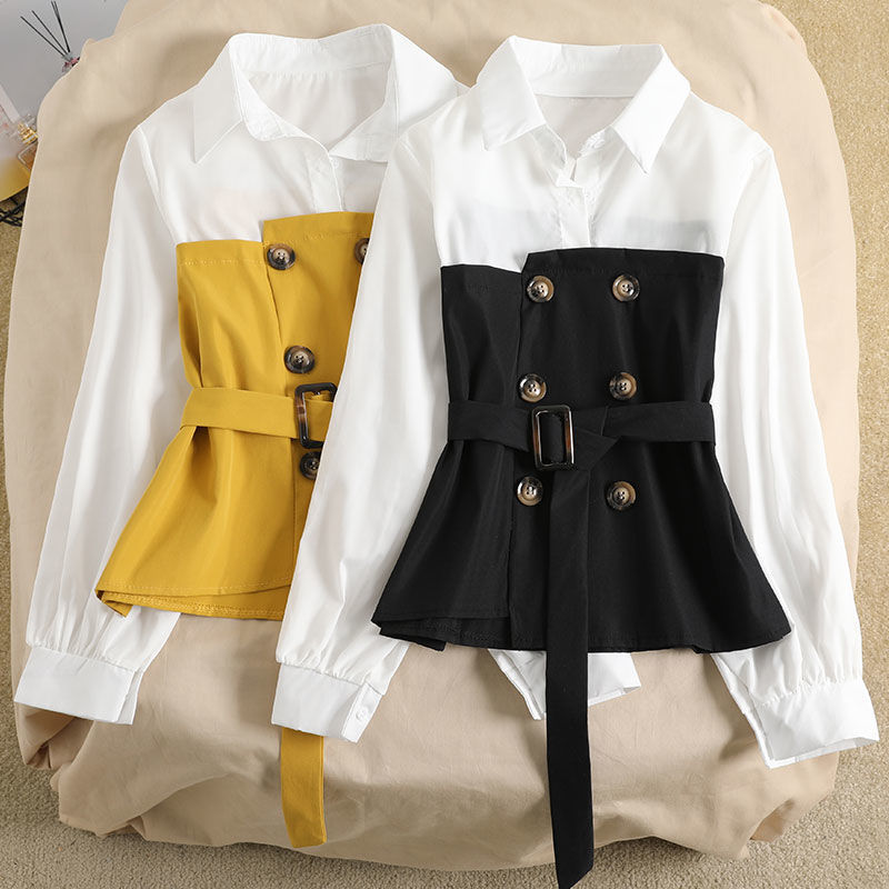 Women's Blouse Loose Spring Two-piece Blouse Stitching POLO Collar Western Style Bandage
