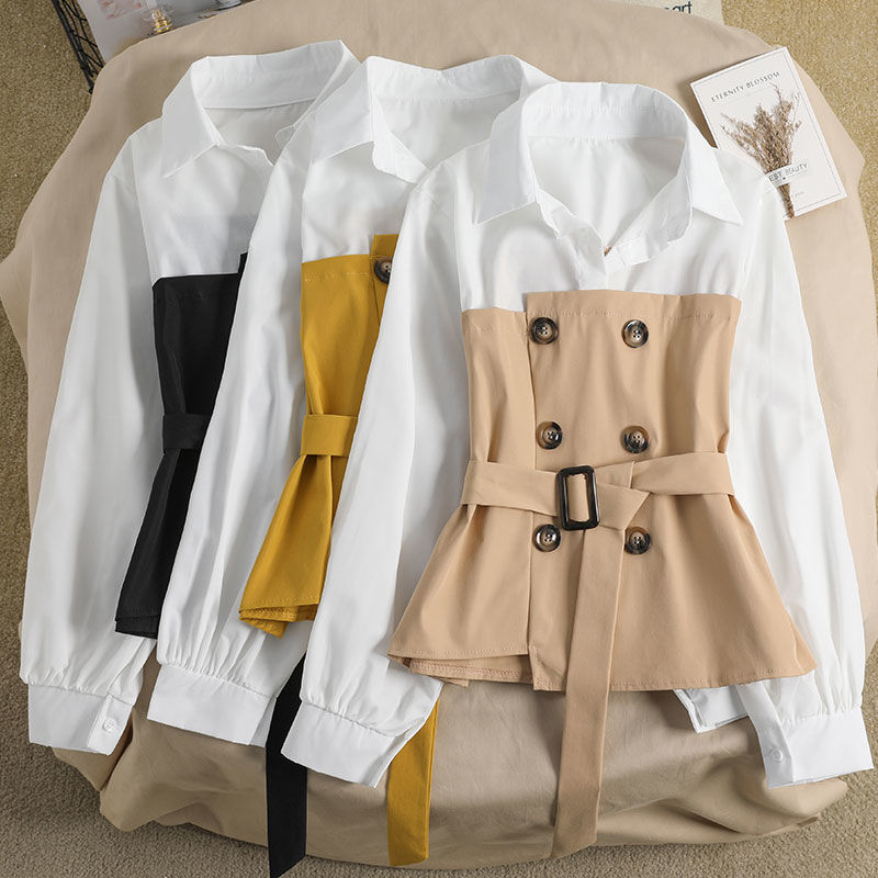Women's Blouse Loose Spring Two-piece Blouse Stitching POLO Collar Western Style Bandage