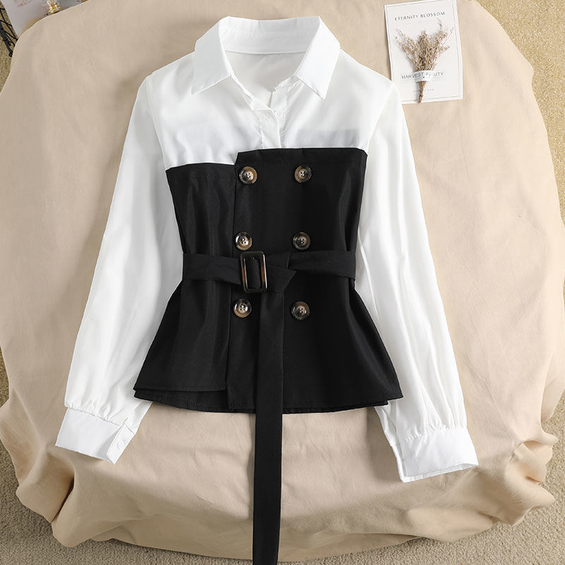 Women's Blouse Loose Spring Two-piece Blouse Stitching POLO Collar Western Style Bandage