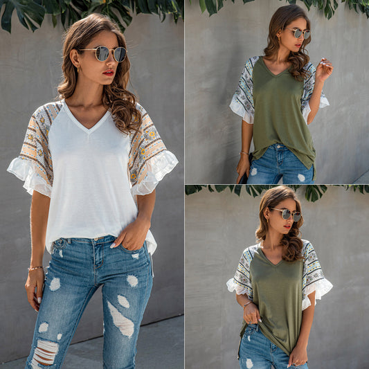 Stitched Chiffon Ruffled V-neck Blouse