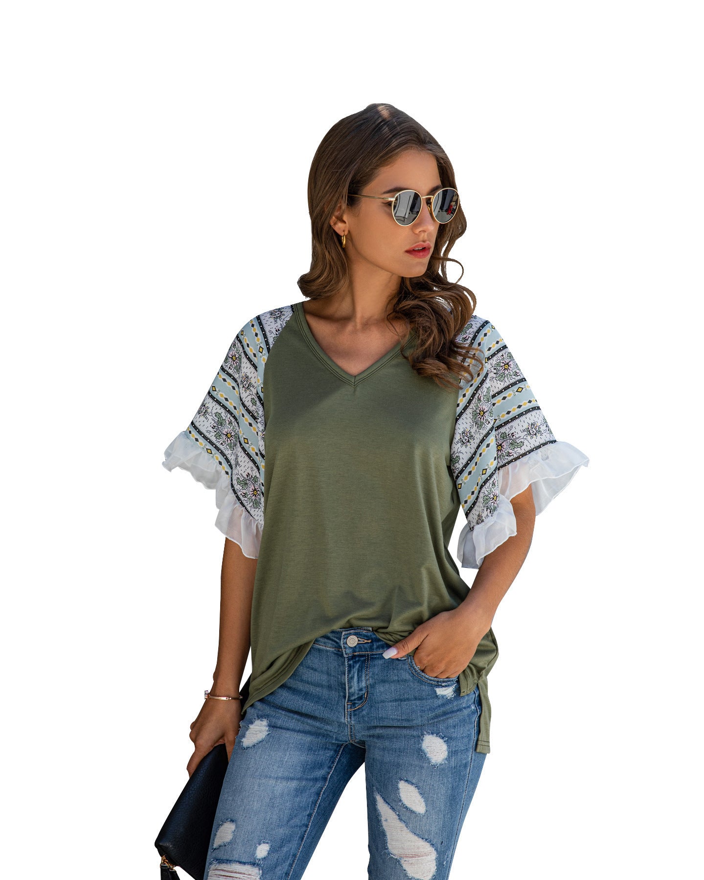 Stitched Chiffon Ruffled V-neck Blouse