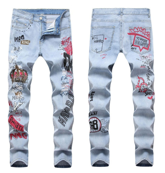 High Street Hip-Hop Ripped Print Stretch Pants