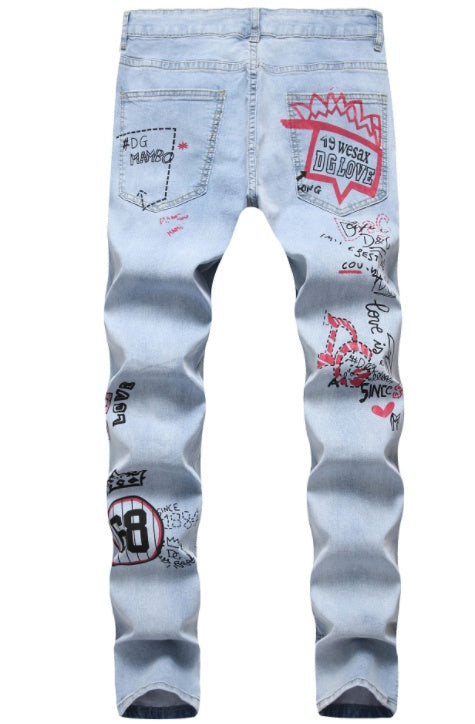 High Street Hip-Hop Ripped Print Stretch Pants