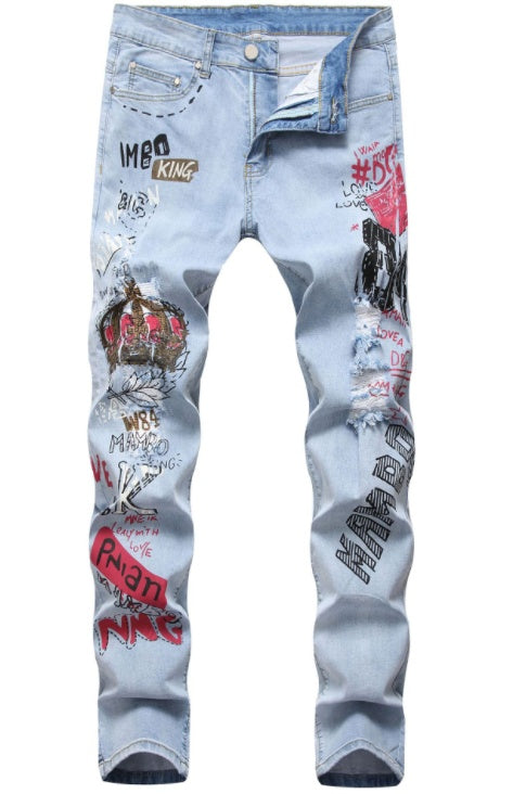 High Street Hip-Hop Ripped Print Stretch Pants