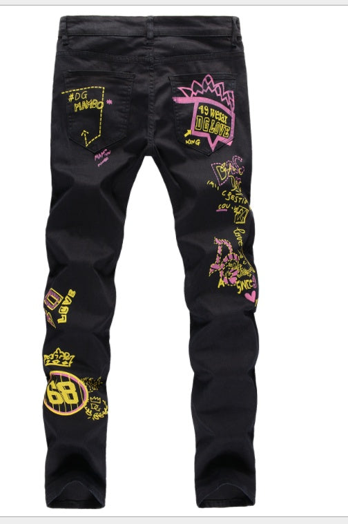 High Street Hip-Hop Ripped Print Stretch Pants