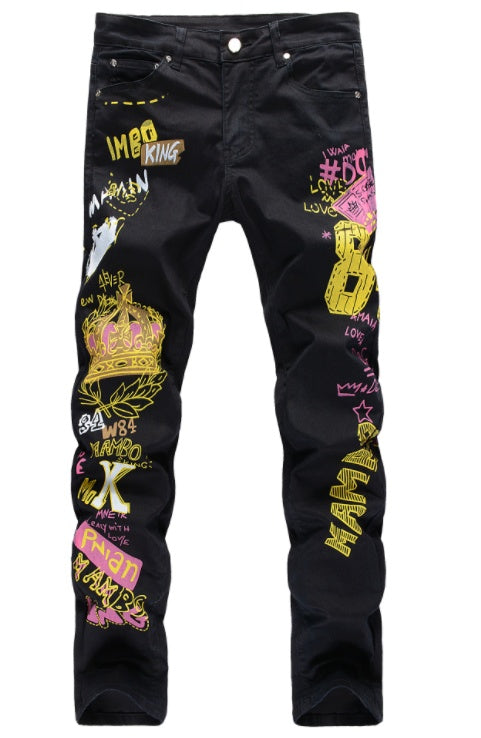 High Street Hip-Hop Ripped Print Stretch Pants