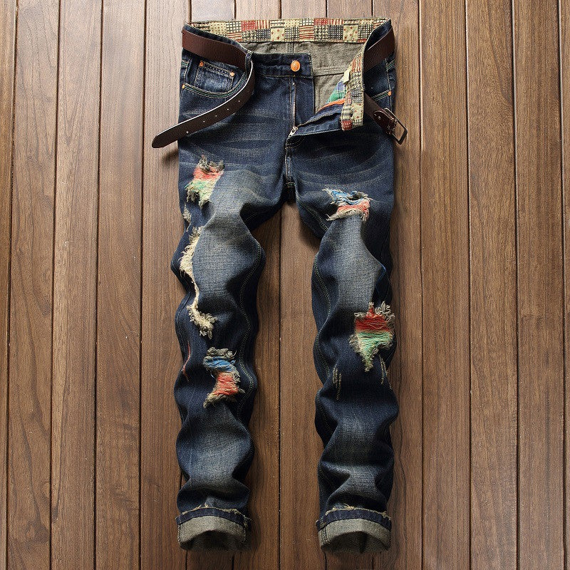 Personalized Brushed Pants Men's Ripped Straight-leg Pants