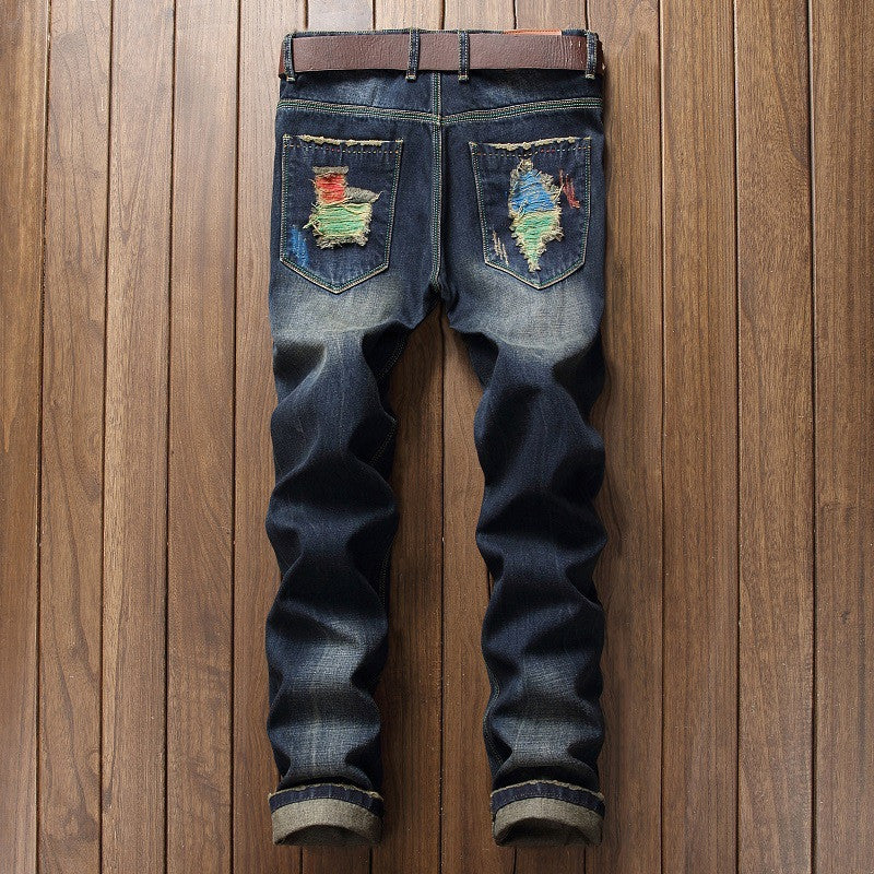 Personalized Brushed Pants Men's Ripped Straight-leg Pants
