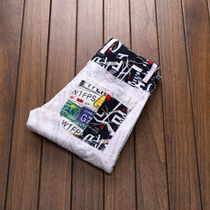 Men's Letters Printed Patchwork White Pants