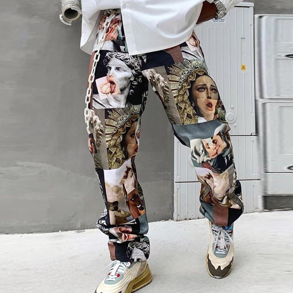 Cross-Border European And American Hot Style Printed Straight Loose Mid-Waist Pants For Men