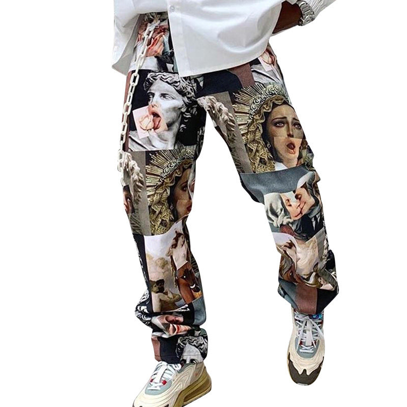 Cross-Border European And American Hot Style Printed Straight Loose Mid-Waist Pants For Men