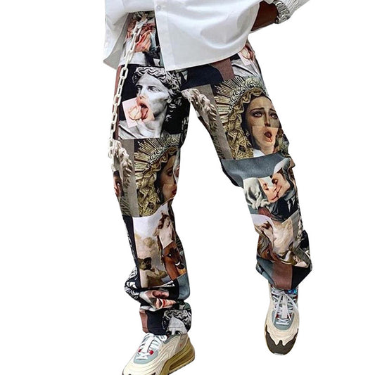 Cross-Border European And American Hot Style Printed Straight Loose Mid-Waist Pants For Men