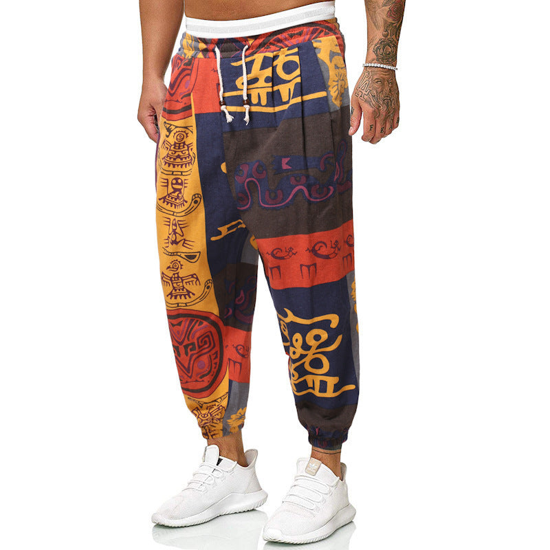 Men's Ethnic Style Cotton And Linen Loose Cropped Joggers