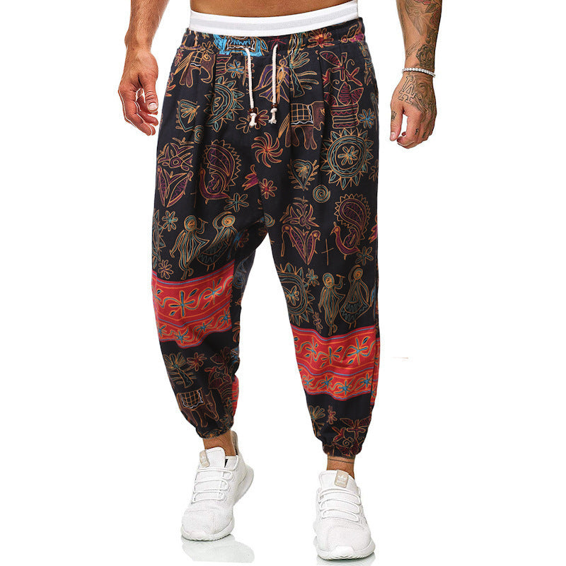 Men's Ethnic Style Cotton And Linen Loose Cropped Joggers