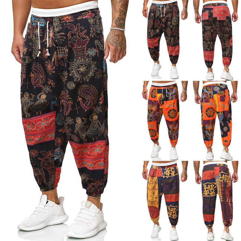 Men's Ethnic Style Cotton And Linen Loose Cropped Joggers