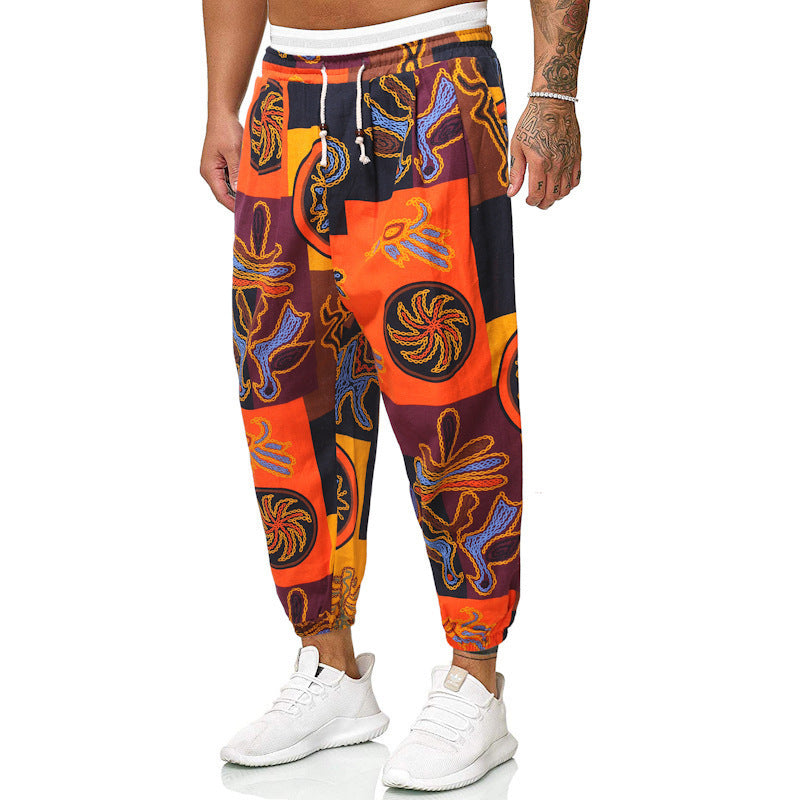 Men's Ethnic Style Cotton And Linen Loose Cropped Joggers