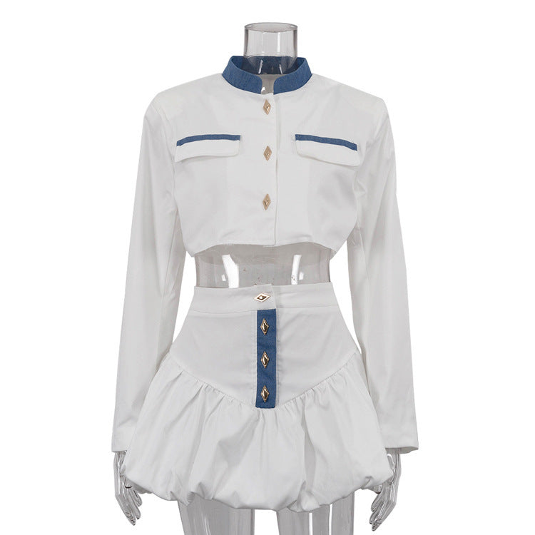 Stand-up Collar Long Sleeve Skirt Two-piece Set - Munsieur