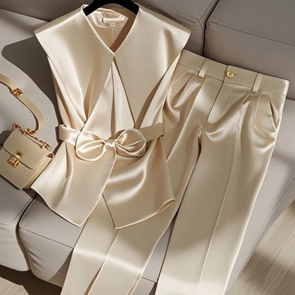Women's Western Style Fashionable Champagne Blouse and Trousers Set
