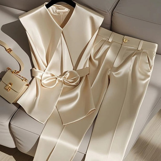 Women's Western Style Fashionable Champagne Blouse and Trousers Set