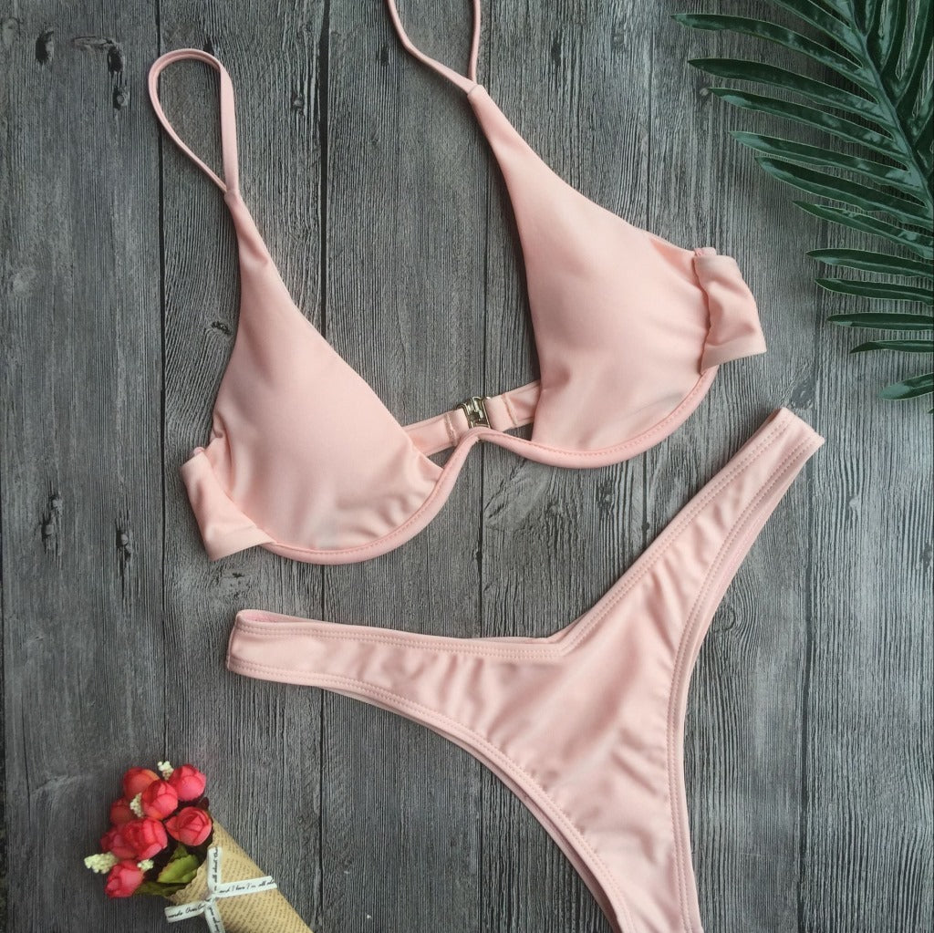 Swimwear Summer Bikini Women Swimsuit Bra and Panties Set Solid Color