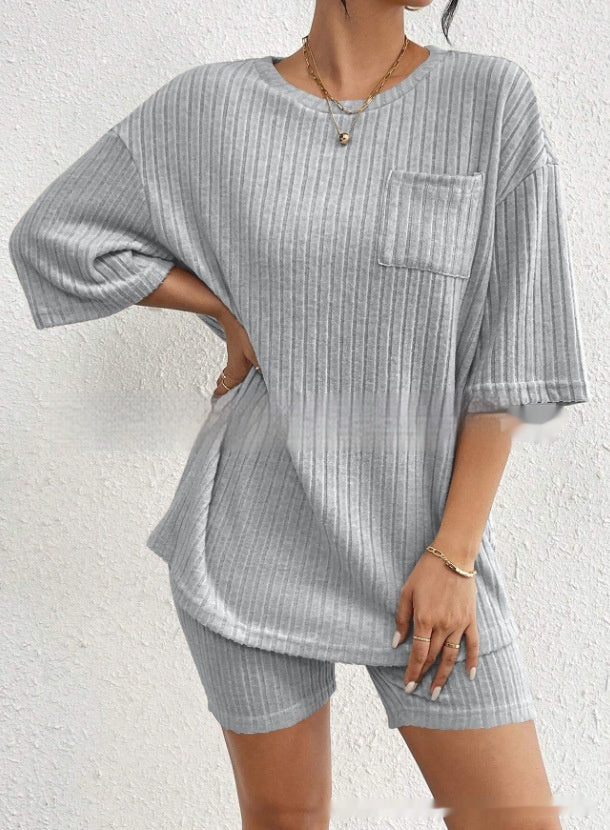 Women's Fashion Rib Knitted Home Clothes 2-piece Romper Set