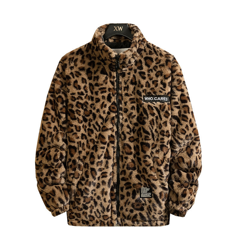 Autumn Winter Coat for Men's Vintage Leopard Print Harajuku Hip Hop Style Loose