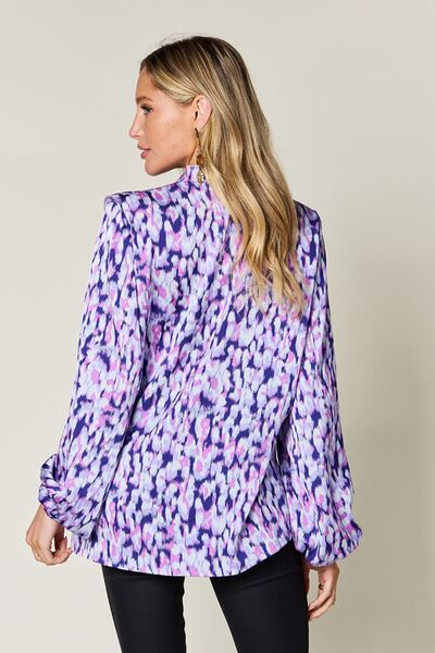 Double Take Full Size Printed Ruffle Trim Balloon Sleeve Shirt - Munsieur