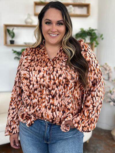 Double Take Full Size Printed Ruffle Trim Balloon Sleeve Shirt - Munsieur