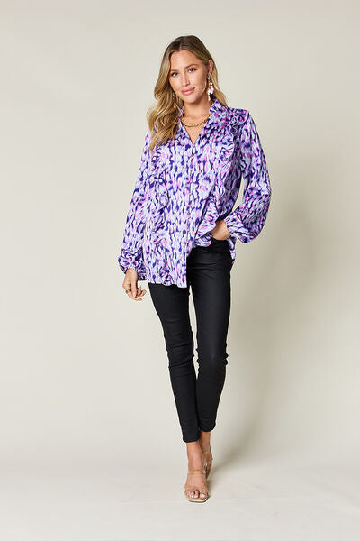 Double Take Full Size Printed Ruffle Trim Balloon Sleeve Shirt - Munsieur