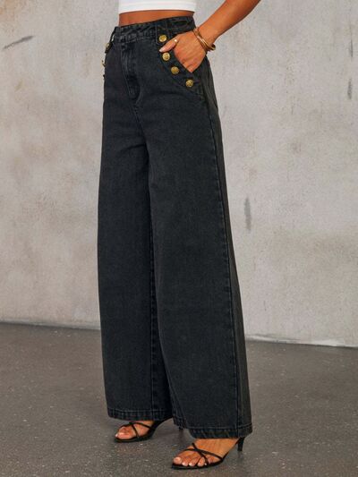Button Decor High Rise Wide Leg Jeans for Effortless Style - Munsieur