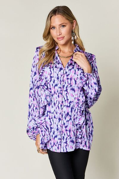 Double Take Full Size Printed Ruffle Trim Balloon Sleeve Shirt - Munsieur