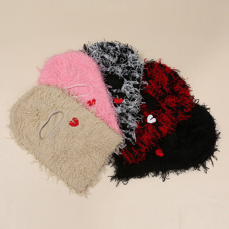 Single Hole Knitted Hat Mask Embroidery Love Headgear