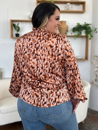 Double Take Full Size Printed Ruffle Trim Balloon Sleeve Shirt - Munsieur