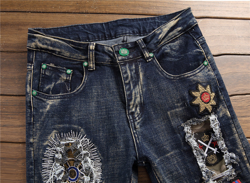 Fashion Retro Embroidery Ripped Pants
