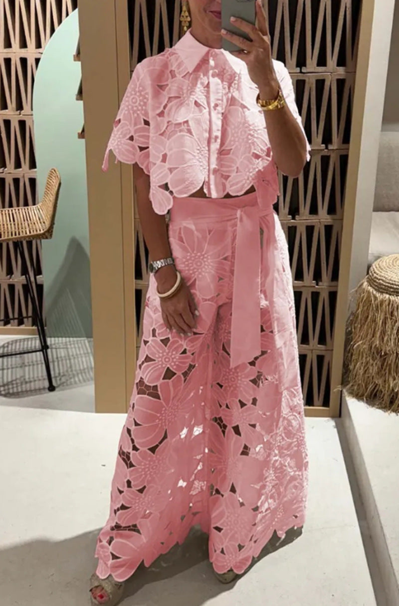 Solid Color Sexy Cutout Cardigan Blouse Wide Leg Two-piece Set - Munsieur