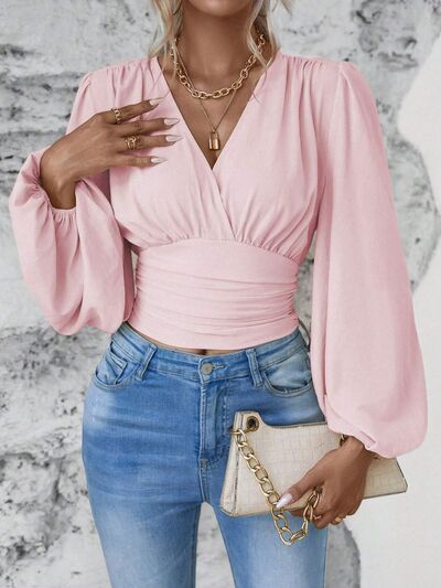 Smocked Surplice Balloon Sleeve Top - Munsieur
