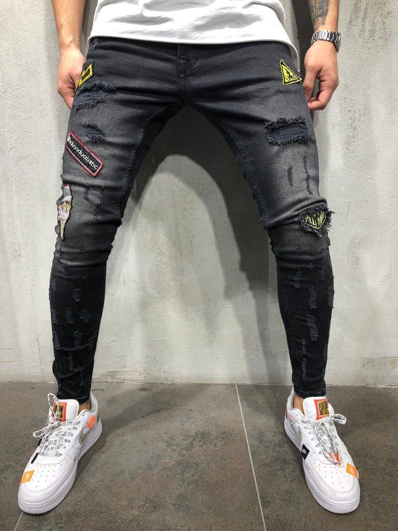 Blue Ripped Logo Pants