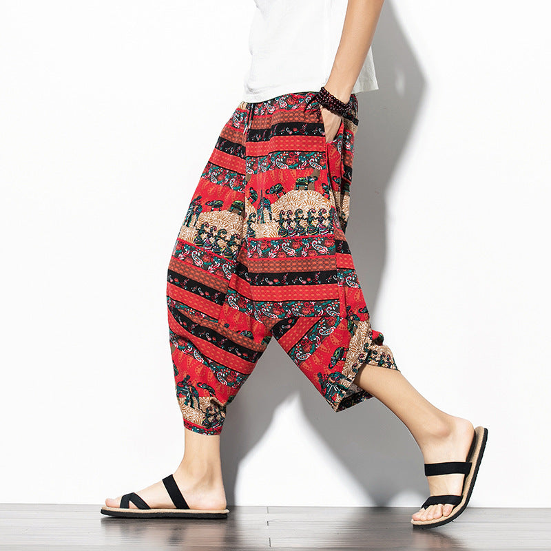 Men's Printed Asian Style Cotton And Linen Loose Joggers