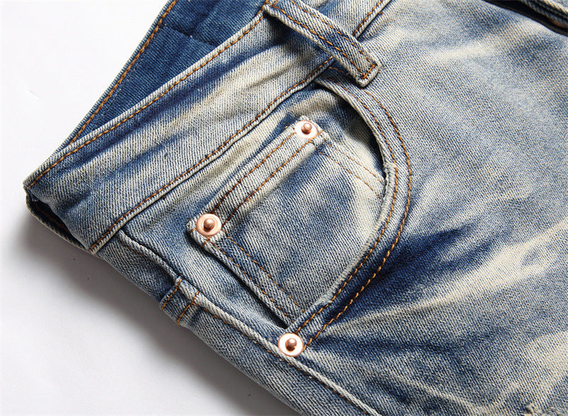Punk Trendy Retro Blue Ripped Slim-fit Men's Pants