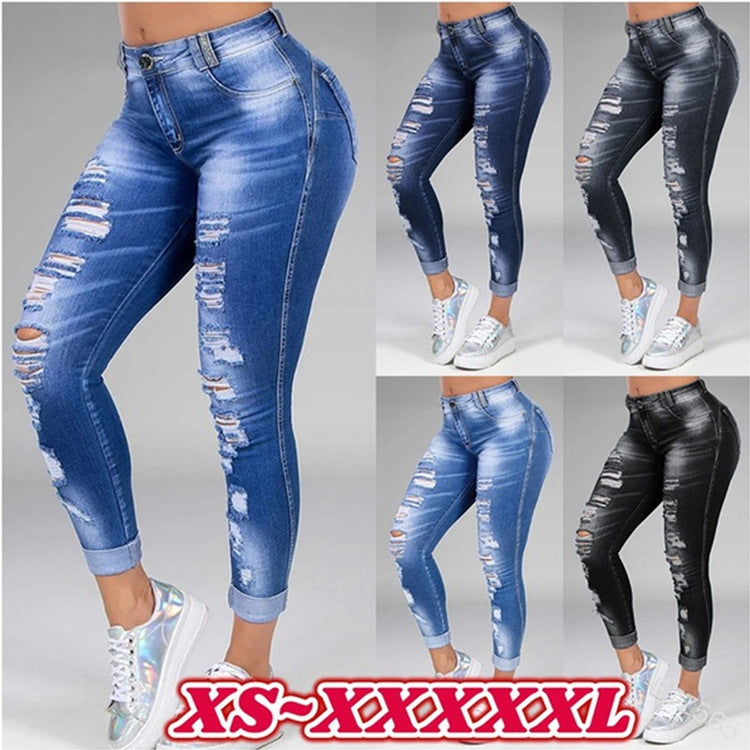 Women's Jeans Ripped Holes Stretch Jeans