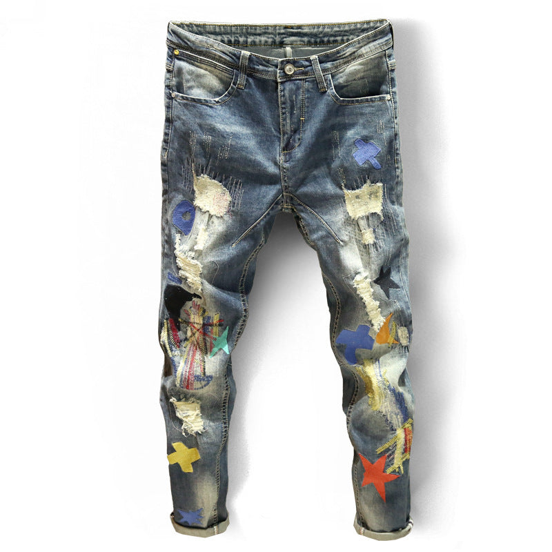Blue Ripped Pants Men's Tide Brand Patch